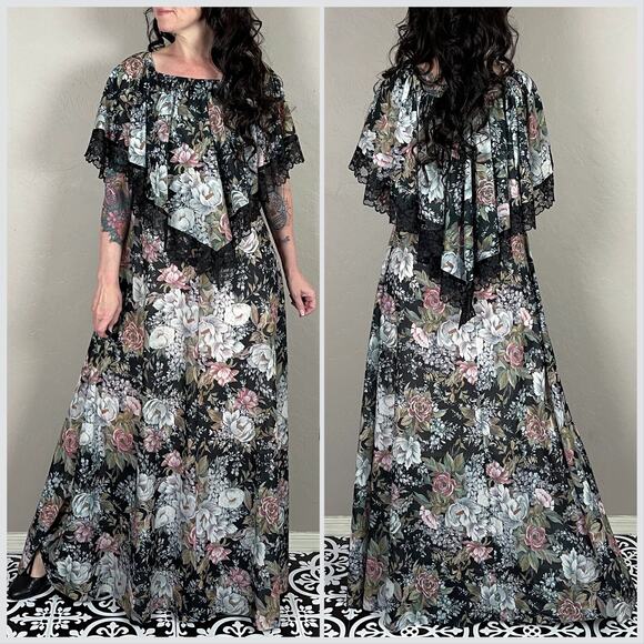 Vintage 1970s Black Floral A-Line Cape Maxi Dress - Picture 4 of 7